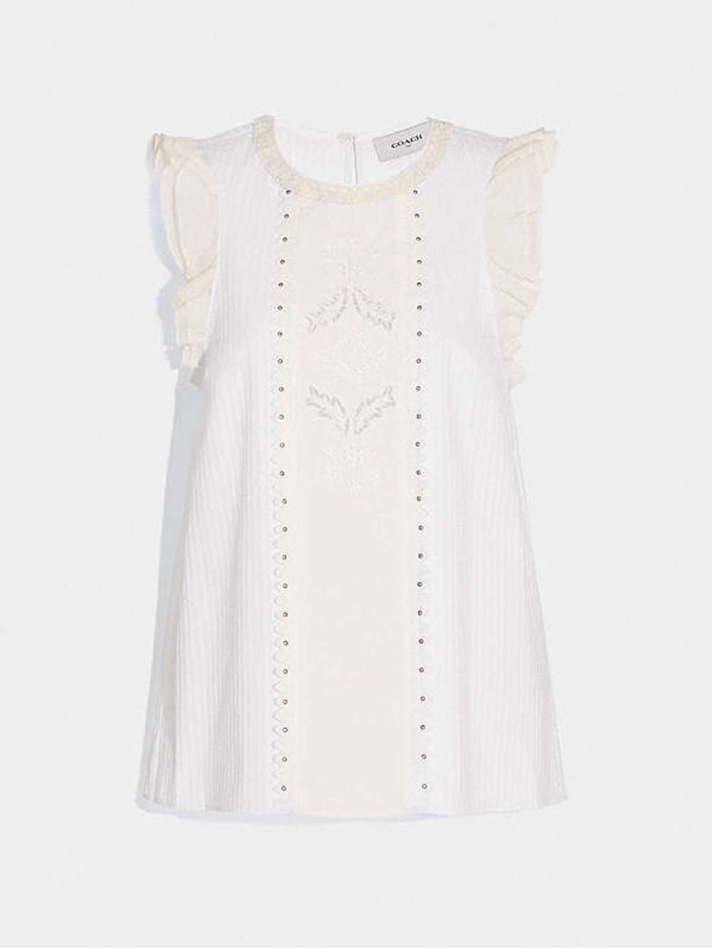 Coach 1941 Sleeveless Ivory Cotton Ruffle Sleeve Studded Blouse